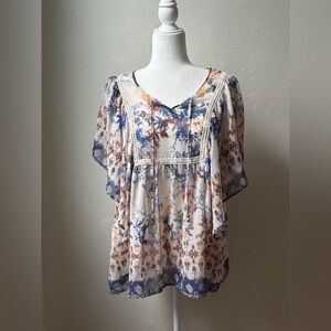 One World Boho Blouse Lace Trim Floral Border Print Flutter Sleeve Large